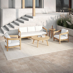 The Wesley 5-Piece Wood Patio Set offers the perfect blend of durability, comfort, and modern elegance for any outdoor living space. This versatile set includes a spacious patio sofa, two comfortable club chairs with plush white cushions, a stylish coffee