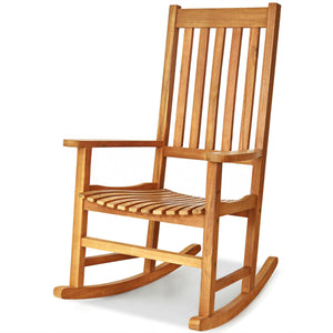 This rocking chair is constructed of premium acacia wood  which is corrosion-resistant and durable to support your long-term use. Â  Designed with contoured slatted seat  high back and widened armrest  the chair will give you comfortable sitting feeling t