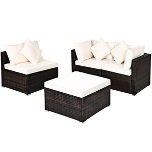 Includes 2 corner sofas  1armless table and 1 ottoman for versatile use<br>Sturdy powder-coated steel frame provides strong durability and stability<br>All-weather and wear-resistant PE rattan provides a long service life<br>Thick and soft sponge padded c