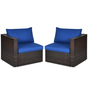 Power coated and solid steel frame adds sturdiness and durability<br>Tight and hand-woven rattan to withstand change of weather<br>2 of the corner sofas can be used separately<br>Aluminum foot pads protect bottom rattan from scratching<br>Wide armrest for