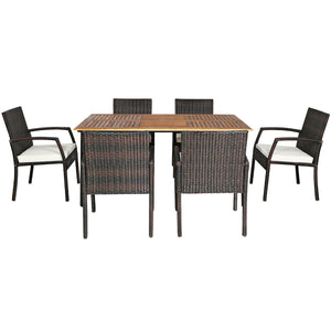 PE wicker and powder-coated steel frame ensure weather resistance<br>High-quality acacia wood enhances the sturdiness<br>Plastic foot pads protect the floor from scratches<br>Spacious table and 6 seats can fully meet the needs<br>Ergonomic armchair with b
