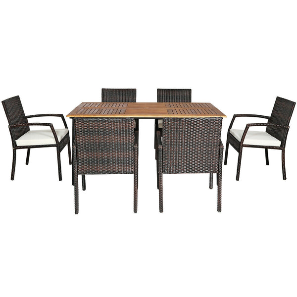 PE wicker and powder-coated steel frame ensure weather resistance<br>High-quality acacia wood enhances the sturdiness<br>Plastic foot pads protect the floor from scratches<br>Spacious table and 6 seats can fully meet the needs<br>Ergonomic armchair with b