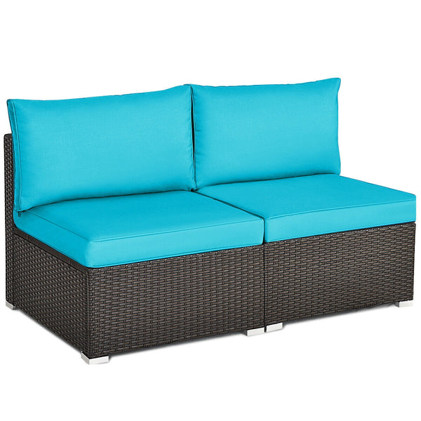 Power coated and solid steel frame adds sturdiness<br>Tight and hand-woven rattan to withstand change of weather<br>Two of the armless chairs can be used separately<br>Aluminum foot pads protect bottom rattan from scratching<br>Can be added to the same st