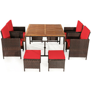 Made of PE wicker and sturdy steel frame ensuring weather resistance<br>Acacia wood tabletop makes sure the sturdiness and durability<br>Suitable for outdoor use with umbrella hole design<br>Cushioned seats with wide backrest bring you a comfortable exper