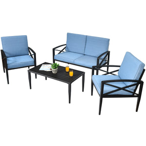 Have an intimate lounge time with this outdoor sofa set! Â  The patio sofa set is made up of 1 side table  2 single sofas and 1 loveseat with ample resting room. Each seat is cushioned with high density sponge covering with breathable and soft fabric. And