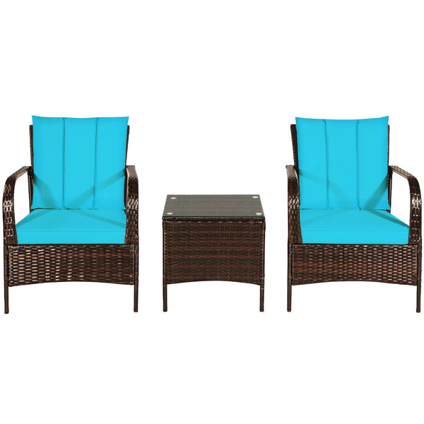 Durable and sturdy rattan and steel materials for long service time<br>The thick sponged cushion is soft and the cover is washable<br>Weatherproof materials ensure the furniture set is placed outside all year round<br>The coffee table has a tempered glass