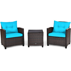The strong and sturdy steel frame ensures the sturdiness of the set<br>Hand-woven rattan can withstand moderate rain or wind in outdoor<br>A wide armrest in suitable height is good for supporting and relaxing your arm<br>Thick and soft cushion with a high