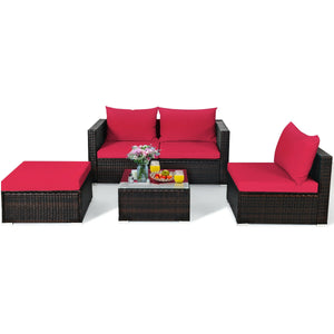 Package includes: 2 Corner chairs  1 Armless chair  1 Ottoman  1 Coffee table  4 Seat cushions  3 Back cushions  1 Instruction <br>Power-coated and solid steel frame adds sturdiness to the set <br>Tight and hand-woven rattan wraps the steel frame <br>Spac