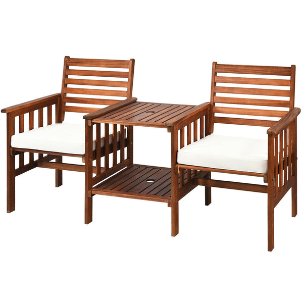 The functional loveseat brings color and pleasure to your outdoor space. Â  Made of premium acacia wood  this set has sturdy and durable construction. Paired with soft sponge cushions and high backrests  this conversation set provides upgraded comfort for