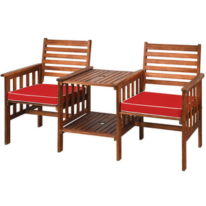 The functional loveseat brings color and pleasure to your outdoor space. Â  Made of premium acacia wood  this set has sturdy and durable construction. Paired with soft sponge cushions and high backrests  this conversation set provides upgraded comfort for