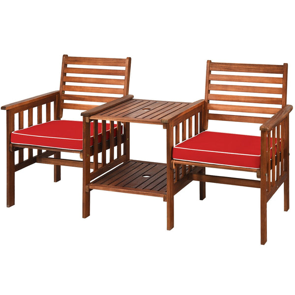 The functional loveseat brings color and pleasure to your outdoor space. Â  Made of premium acacia wood  this set has sturdy and durable construction. Paired with soft sponge cushions and high backrests  this conversation set provides upgraded comfort for