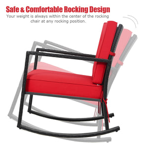 Sturdy and durable frame with exquisite rattan <br>Comfortable and safe rocking function <br>Thick and soft cushion for seat and back <br>Cushions are fixed by strings to prevent a move <br>Pads at the bottom can avoid sliding and protect rattan <br>Desig