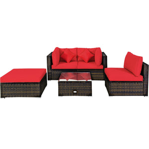 Including 1 armless sofa  2 corner sofas  1 ottoman  and 1 coffee table for a versatile use<br>Sturdy steel frame and durable PE rattan for long time use<br>4'' thick cushions to provide extraordinary comfort<br>Equipped with 2 extra soft pillows for bett