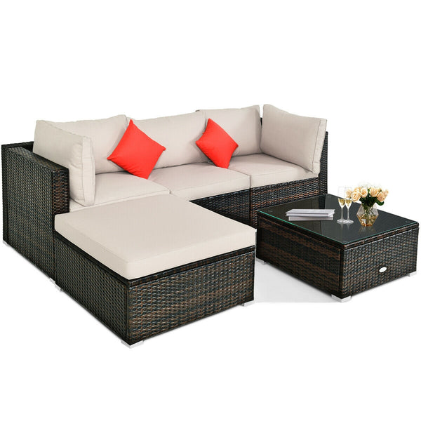 Including 1 armless sofa  2 corner sofas  1 ottoman  and 1 coffee table for a versatile use<br>Sturdy steel frame and durable PE rattan for long time use<br>4'' thick cushions to provide extraordinary comfort<br>Equipped with 2 extra soft pillows for bett