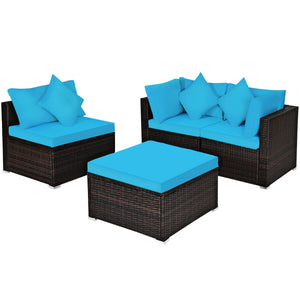 Includes 2 corner sofas  1armless table and 1 ottoman for versatile use<br>Sturdy powder-coated steel frame provides strong durability and stability<br>All-weather and wear-resistant PE rattan provides a long service life<br>Thick and soft sponge padded c