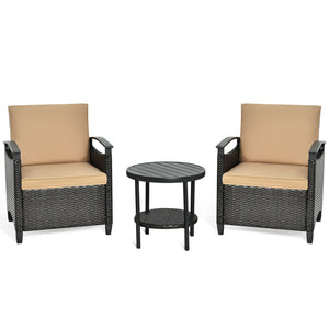 It is made of high-quality rattan material and a heavy-duty steel frame  which is solid and durable for outdoor use.  Anti-skid mats at the bottom ensure the overall stability and protect the floor. And the rust-resistant tabletop is easy to clean and the