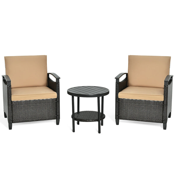It is made of high-quality rattan material and a heavy-duty steel frame  which is solid and durable for outdoor use.  Anti-skid mats at the bottom ensure the overall stability and protect the floor. And the rust-resistant tabletop is easy to clean and the