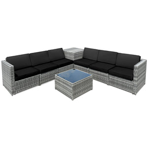 Including 6 sofas  1 storage box  1 coffee table  6 seat cushions and 6 back cushions <br>Sturdy iron frame and premium rattan for better durability <br>Large load-bearing capacity-- 360 lbs for each sofa and 110 lbs for coffee table <br>A storage box as 