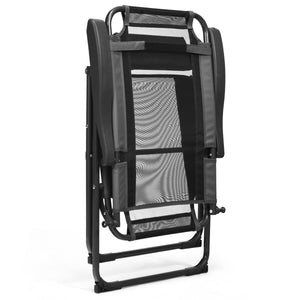This foldable sling chair is ergonomically designed with an adjustable backrest in seven tilting positions for reading mode  relaxing mode and sleeping mode. Â  Made of steel frame and oxford fabric  this foldable sling chair can hold up to 300 lbs. And t