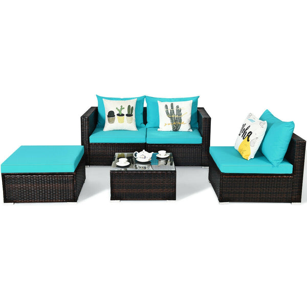Package includes: 2 Corner chairs  1 Armless chair  1 Ottoman  1 Coffee table  4 Seat cushions  3 Back cushions  1 Instruction <br>Power-coated and solid steel frame adds sturdiness to the set <br>Tight and hand-woven rattan wraps the steel frame <br>Spac
