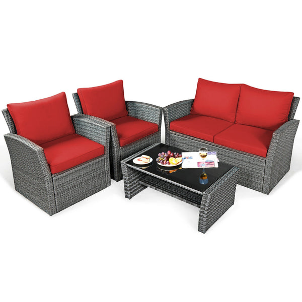 Includes 2 armchairs  1 loveseat and 1 coffee table for versatile use<br>Sturdy power coated steel frame provides strong durability and stability<br>Thick tempered glass tabletop to hold your drinks  meals and more<br>Coffee table with a spacious shelf pr