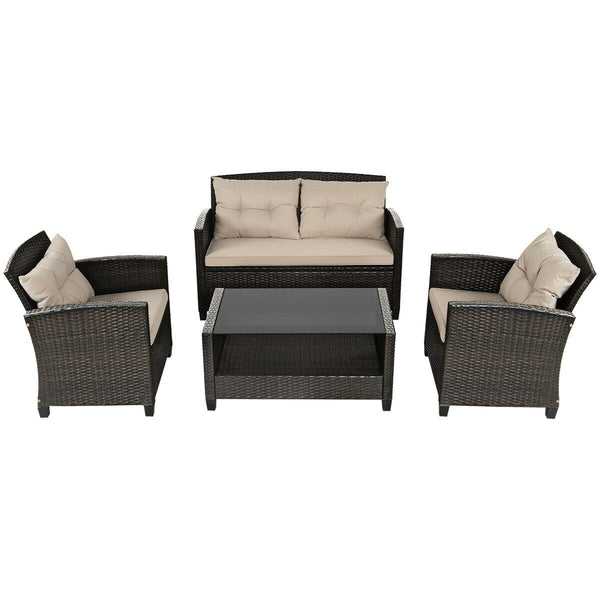 Consist of 2 single sofas  1 loveseat and a tea table <br>Ergonomics chair back and armrest shape design <br>Different combinations according to your needs <br>Sturdy steel frame  stable and not easy to shake <br>High quality PE rattan wicker  high-grade 