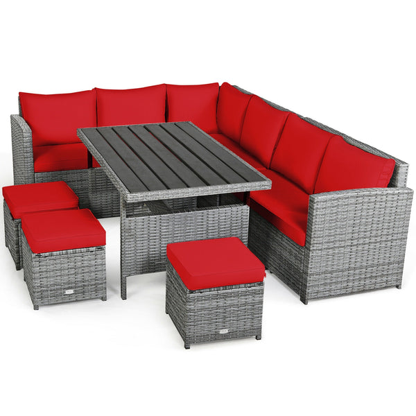 Packages include 3 loveseats  3 ottomans  1 table  6 seat cushions  7 back cushions  and instruction<br>Packages come in 4 boxes<br>Powder-coated steel structure provides strong durability and stability<br>All-weather and wear-resistant rattan ensures lon