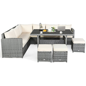 Packages include 3 loveseats  3 ottomans  1 table  6 seat cushions  7 back cushions  and instruction<br>Packages come in 4 boxes<br>Powder-coated steel structure provides strong durability and stability<br>All-weather and wear-resistant rattan ensures lon