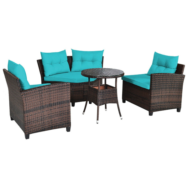 The sturdy and durable steel frame ensures sturdiness of the set<br>Tight and hand-woven rattan can withstand moderate rain or wind<br>Thick and soft cushion with a high-density sponge for your hip and back<br>Cover with the zipper of the seat cushion is 