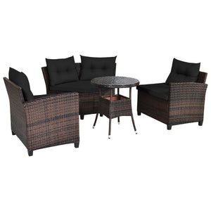 The sturdy and durable steel frame ensures sturdiness of the set<br>Tight and hand-woven rattan can withstand moderate rain or wind<br>Thick and soft cushion with a high-density sponge for your hip and back<br>Cover with the zipper of the seat cushion is 