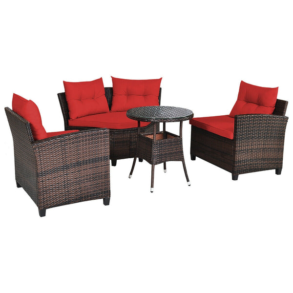 The sturdy and durable steel frame ensures sturdiness of the set<br>Tight and hand-woven rattan can withstand moderate rain or wind<br>Thick and soft cushion with a high-density sponge for your hip and back<br>Cover with the zipper of the seat cushion is 