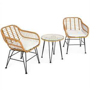 Premium wicker ensures high resistance to weather/sunlight/water<br>Heavy-duty steel frame with rust-resistant powder coated surface<br>High density sponge padded cushions provide great comfort<br>Tempered glass tabletop to place small decor  snacks and d