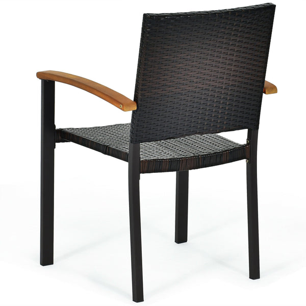 Dive into a rollicking good time with this patio rattan chairs! Â  The patio chairs come with mix-brown rattan weaving and rust-proof galvanized steel outline that hand over trendy outdoor collections with lasting quality. The stackable feature makes stor