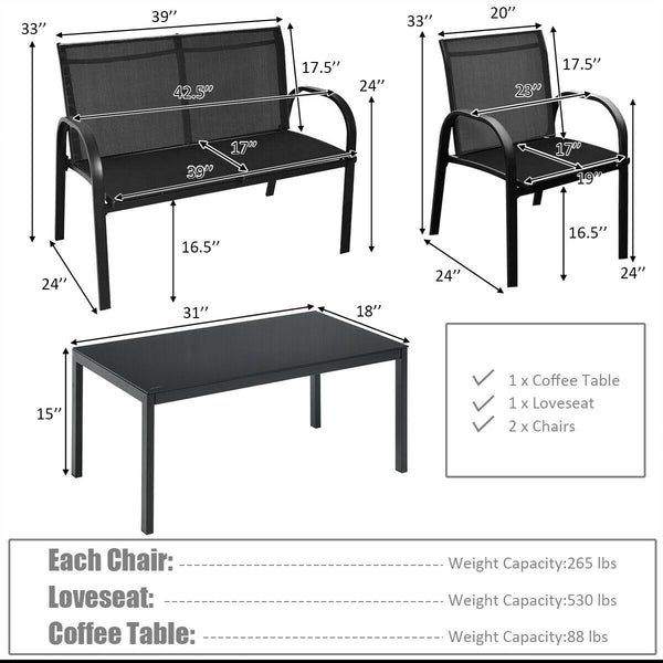 Including 1 loveseat  2 single sofas  and 1 tea table with a glass top<br>High quality and brand new<br>Modern and fashionable design<br>Solid steel frame  durable and sturdy<br>Tea table with a large tabletop<br>Perfect display<br>Wonderful for outdoor l