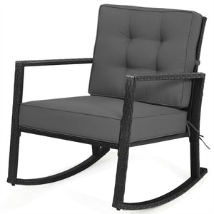 Sturdy and durable frame with exquisite rattan <br>Comfortable and safe rocking function <br>Thick and soft cushion for seat and back <br>Cushions are fixed by strings to prevent a move <br>Pads at the bottom can avoid sliding and protect rattan <br>Desig