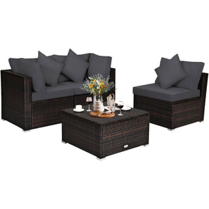Includes 2 corner sofas  1armless table and 1 ottoman for versatile use<br>Sturdy powder-coated steel frame provides strong durability and stability<br>All-weather and wear-resistant PE rattan provides a long service life<br>Thick and soft sponge padded c