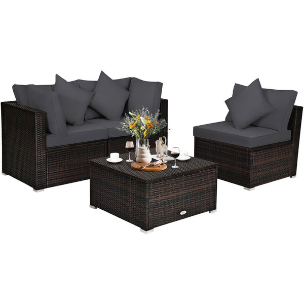 Includes 2 corner sofas  1armless table and 1 ottoman for versatile use<br>Sturdy powder-coated steel frame provides strong durability and stability<br>All-weather and wear-resistant PE rattan provides a long service life<br>Thick and soft sponge padded c