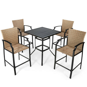 4 bar chairs and 1 bar table satisfy your multiple outdoor demands <br>Suitable for poolside  backyard  garden  etc. <br>Heavy-duty steel frame ensures high stability <br>Strong weight capacity: each chair 330 lbs and table 180 lbs <br>32" x 32" spacious 