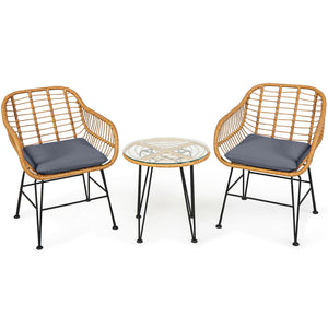 Premium wicker ensures high resistance to weather/sunlight/water<br>Heavy-duty steel frame with rust-resistant powder coated surface<br>High density sponge padded cushions provide great comfort<br>Tempered glass tabletop to place small decor  snacks and d