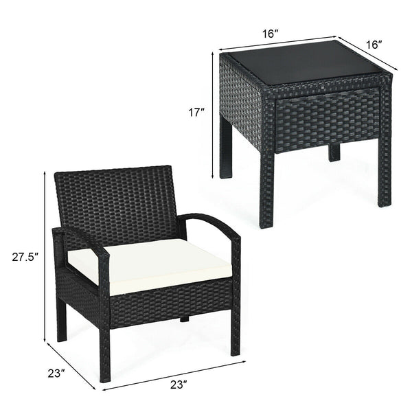 This rattan patio conversation set which will provide you a comfortable experience in your leisure time. Â  This set of outdoor furniture is made of high-quality rattan and strong steel  which is durable and has a long service life. The thick soft cushion