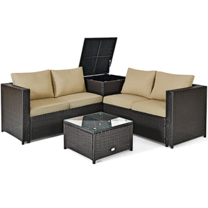 Made of rattan with good toughness and weather-resistant function<br>Reinforced steel frame with excellent stability<br>Padded seat and back cushions for soft and comfortable sitting feeling<br>Coffee table with tempered glass for strong supporting<br>End