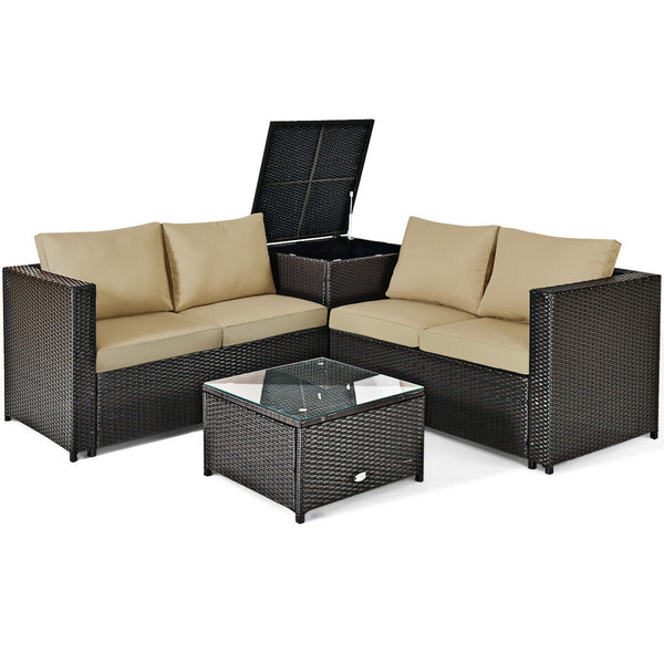 Made of rattan with good toughness and weather-resistant function<br>Reinforced steel frame with excellent stability<br>Padded seat and back cushions for soft and comfortable sitting feeling<br>Coffee table with tempered glass for strong supporting<br>End