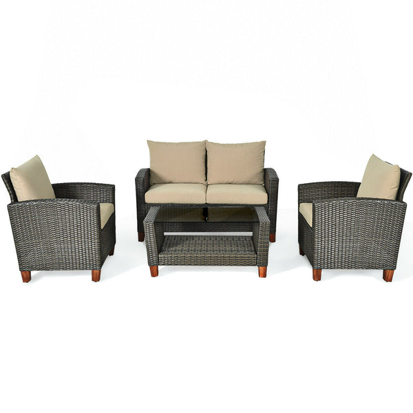 With modern and elegant appearance  the set will fit any style of decoration and decors perfectly. Â  Made of PE wicker and sturdy frame  the set has a large weight capacity and is weather-proof for durable use. Both single chair and loveseat feature ergo