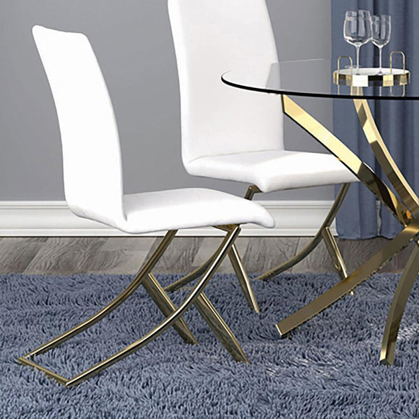  featuring a sculptural brass metal base and smooth white leatherette upholstery. The armless silhouette and curved back offer modern flair with ergonomic comfort