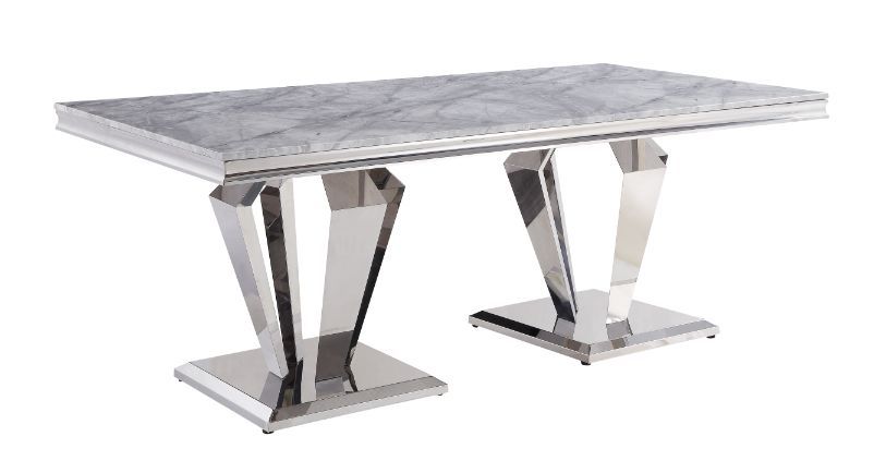 Contemporary flair graces classic silhouettes to create a timeless design that will blend with any home style. The stainless steel pedestals base features sleek, uncluttered lines in geometric form, with mirrored silver finish emitting a modern glitter. L