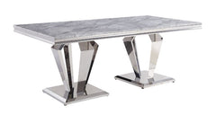 Contemporary flair graces classic silhouettes to create a timeless design that will blend with any home style. The stainless steel pedestals base features sleek, uncluttered lines in geometric form, with mirrored silver finish emitting a modern glitter. L
