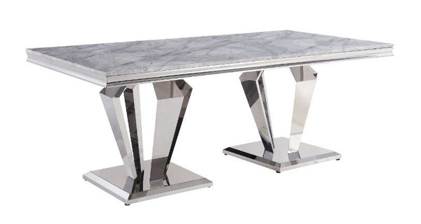 Contemporary flair graces classic silhouettes to create a timeless design that will blend with any home style. The stainless steel pedestals base features sleek, uncluttered lines in geometric form, with mirrored silver finish emitting a modern glitter. L