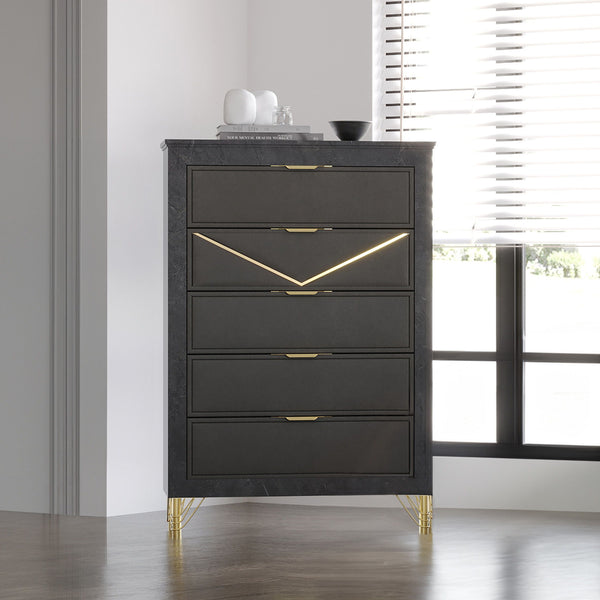 The Symmetry 5-Drawer Chest in Charcoal Gray blends form and function with modern elegance. Crafted from premium woods with a gray marble laminate, it offers durability and a sleek aesthetic. Ultra-soft gray fabric drawer fronts, adorned with gold metal a