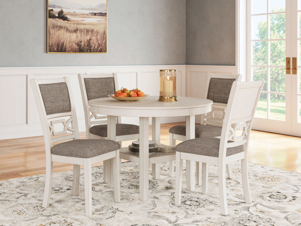  this dining table and chair set effortlessly captivates with its elegant simplicity. The timeless design pairs a crisp white hue with gray textured upholstery. It-'s a fresh addition ever