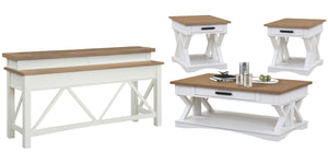 Destined to be the heart of any conversation area, the Americana Modern Cocktail Table is a must-have. Crafted in a soft Cotton white finish, it features a contrasting wood-grain top in Weathered Natural. A lower open area is perfect for storage and displ